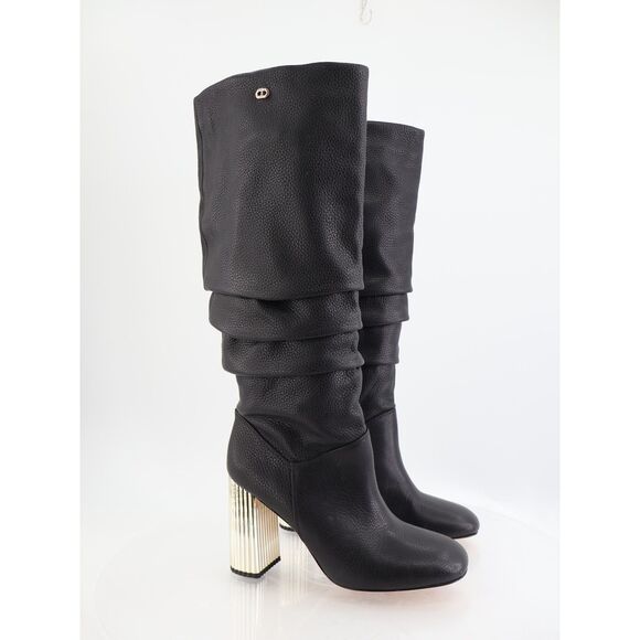 DEE OCLEPPO Bethany Slouchy Leather Knee Boots Black Size 9 Gold High Heel - Picture 1 of 11